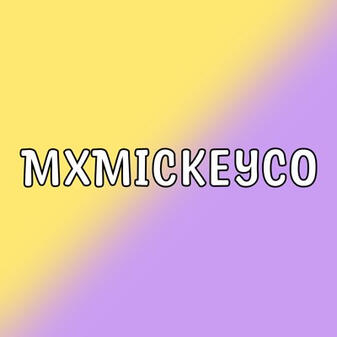mxmickeyco's logo, which says "mxmickeyco" on a purple and yellow backdrop with one black heart and one white heart